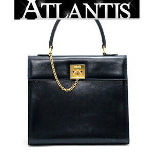 Celine Handbag Chain Lock Navy Blue Leather